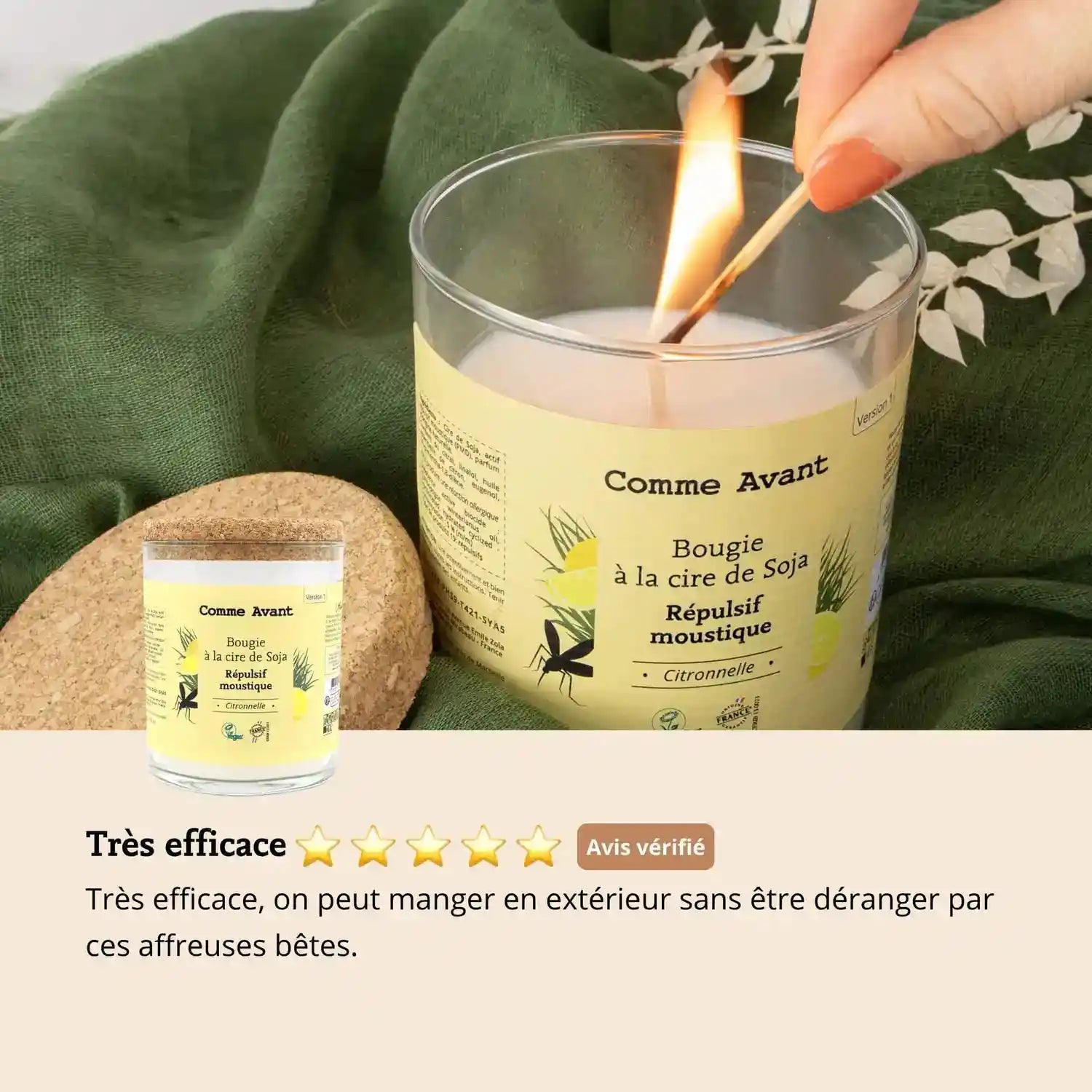 Les avis des clients à propos de la Bougie à la cire de soja parfum citronelle anti-moustique de la marque Comme Avant