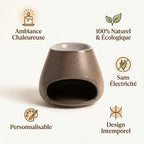 Brûle parfum Bulb Bronze avec icônes bénéfices : ambiance chaleureuse, naturel, sans électricité, design intemporel