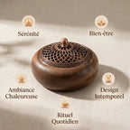 Brûle-parfum noyer massif design vintage avec couvercle métal ajouré et bénéfices bien-être