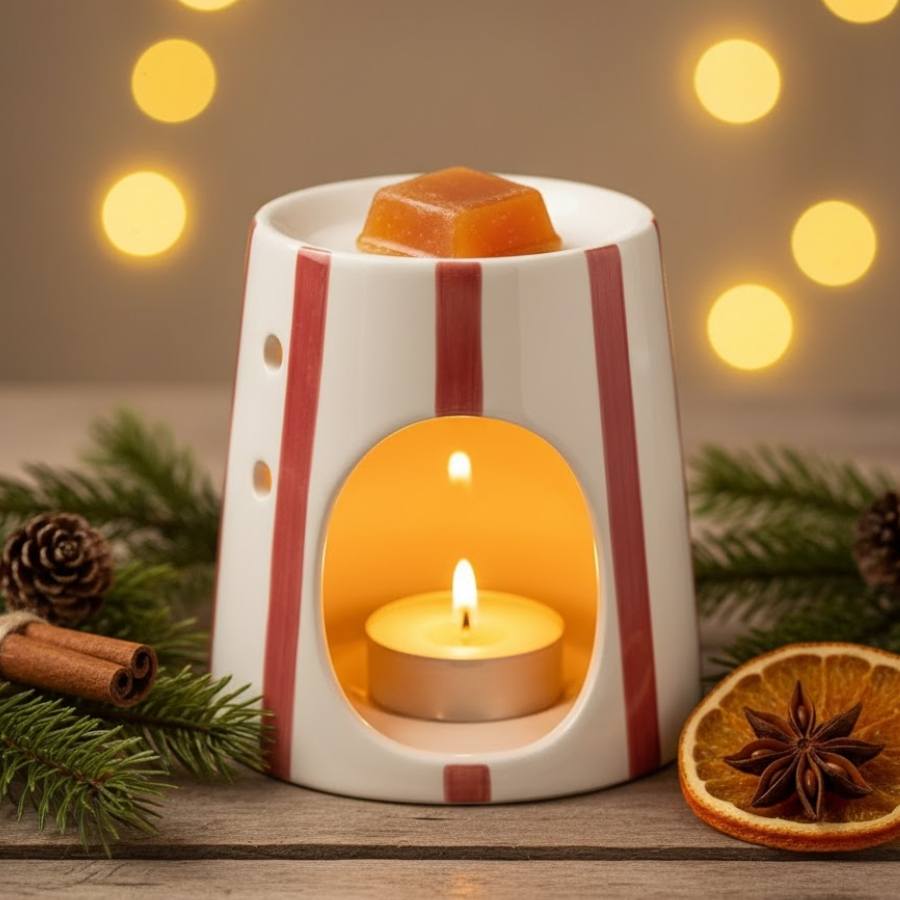 Un Diffuseur Cire Rayé Rouge Scentchips avec un carré d'ambre dessus, et une bougie chauffe-plat à l'intérieur