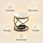 Brûleur d'arômes design noir métal et céramique avec bénéfices bien-être, sérénité et harmonie