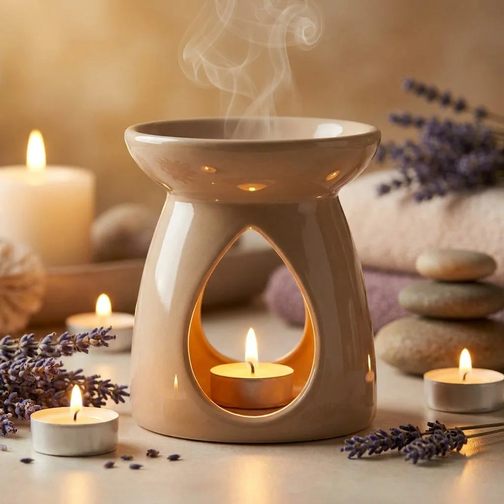 Brûleur de cire céramique beige avec huiles essentielles et lavande séchée, ambiance spa relaxante