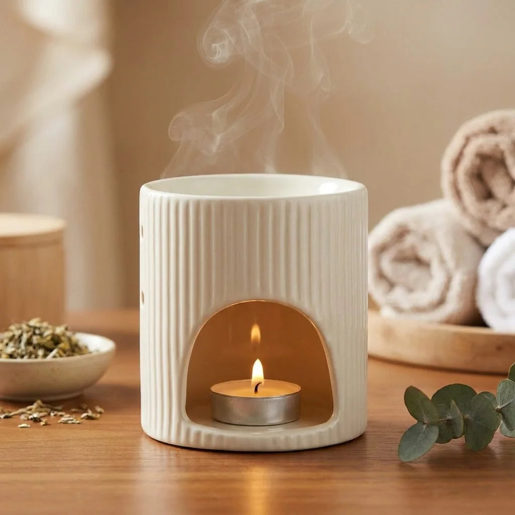 Brûleur de cire céramique blanc cassé avec huiles essentielles en ambiance spa relaxante