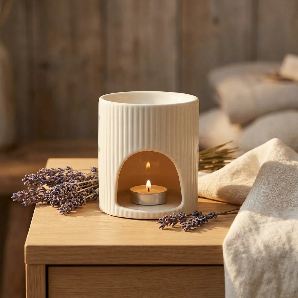 Brûleur céramique blanc cassé pour huiles essentielles entouré de lavande séchée et bougie allumée