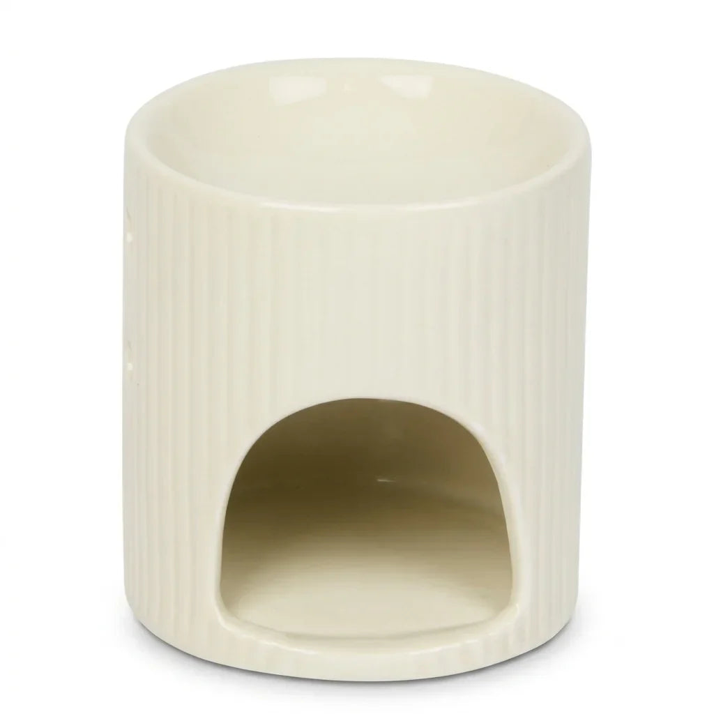 Brûleur de cire blanc cassé en céramique avec texture cannelée et ouverture arrondie