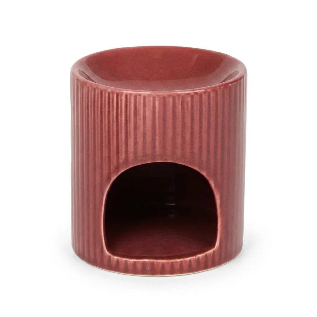 Brûleur de cire céramique rouge avec texture nervurée et ouverture ovale frontale