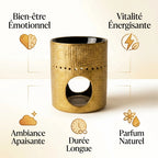 Brûleur Scentchips Fossil Doré avec infographie des bénéfits bien-être et parfum naturel