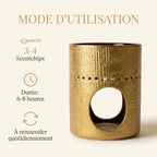 Brûleur Fossil Doré Scentchips avec instructions d'utilisation et dosage des fondants parfumés