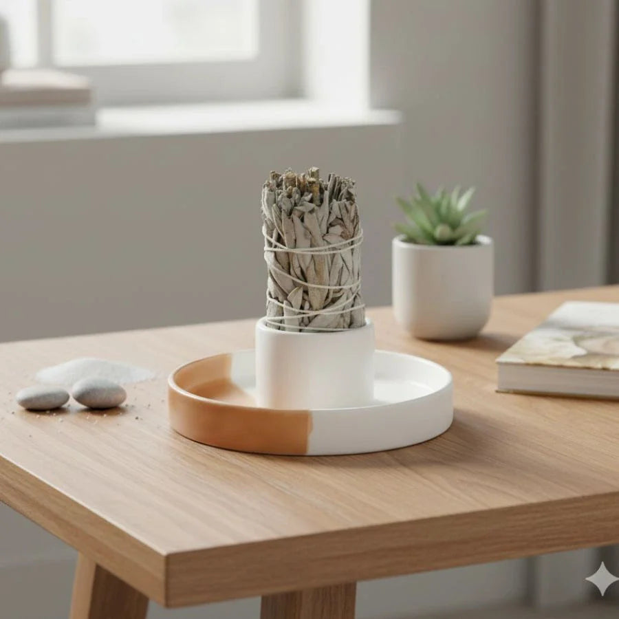 un porte palo santo et sauge bicolore en céramique avec une sauge posée sur une table en bois