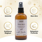 Brume d'oreiller 100ml Noël blanc avec icônes bénéfices sérénité et relaxation
