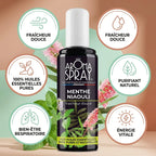 Brume Menthe Niaouli 100ml spray purifiant naturel avec infographies des bénéfices wellness