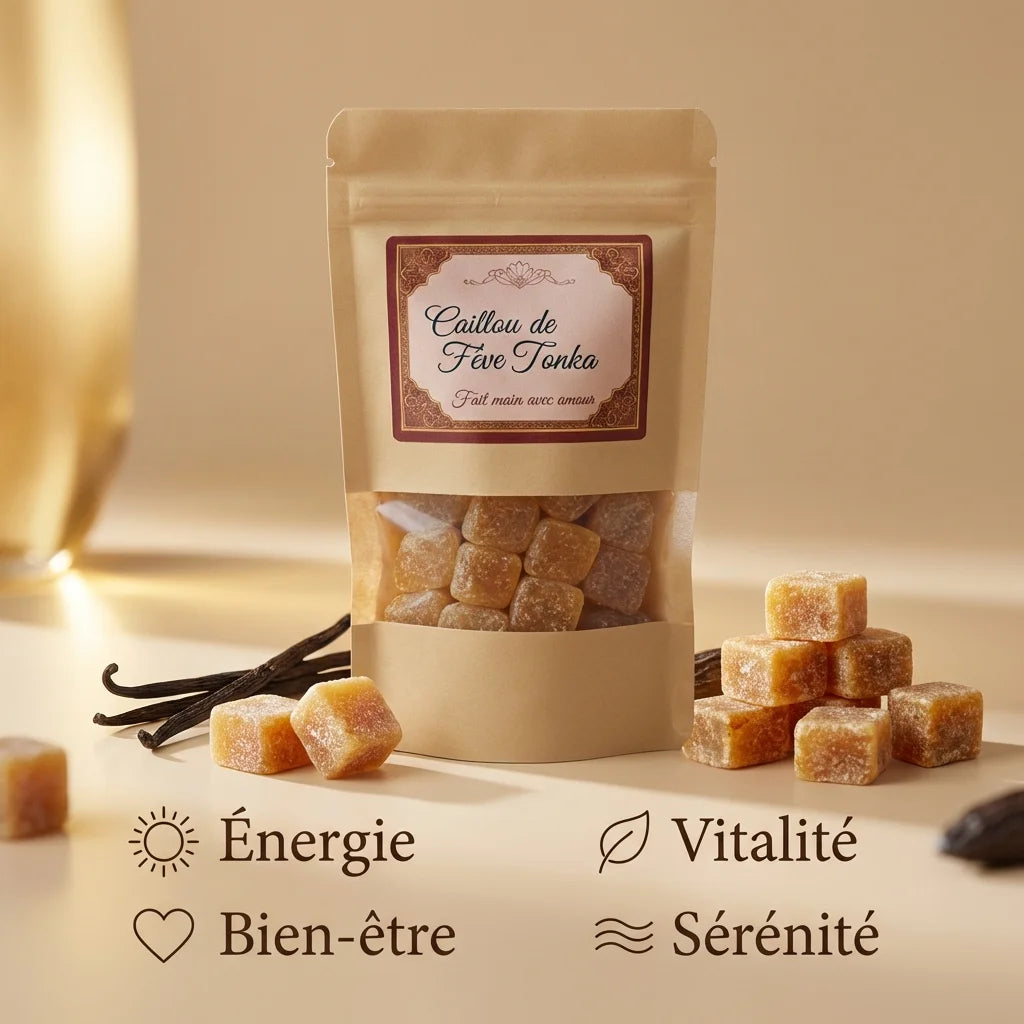 Carré d'ambre Fève de Tonka avec cubes caramel, gousses vanille et icônes bien-être
