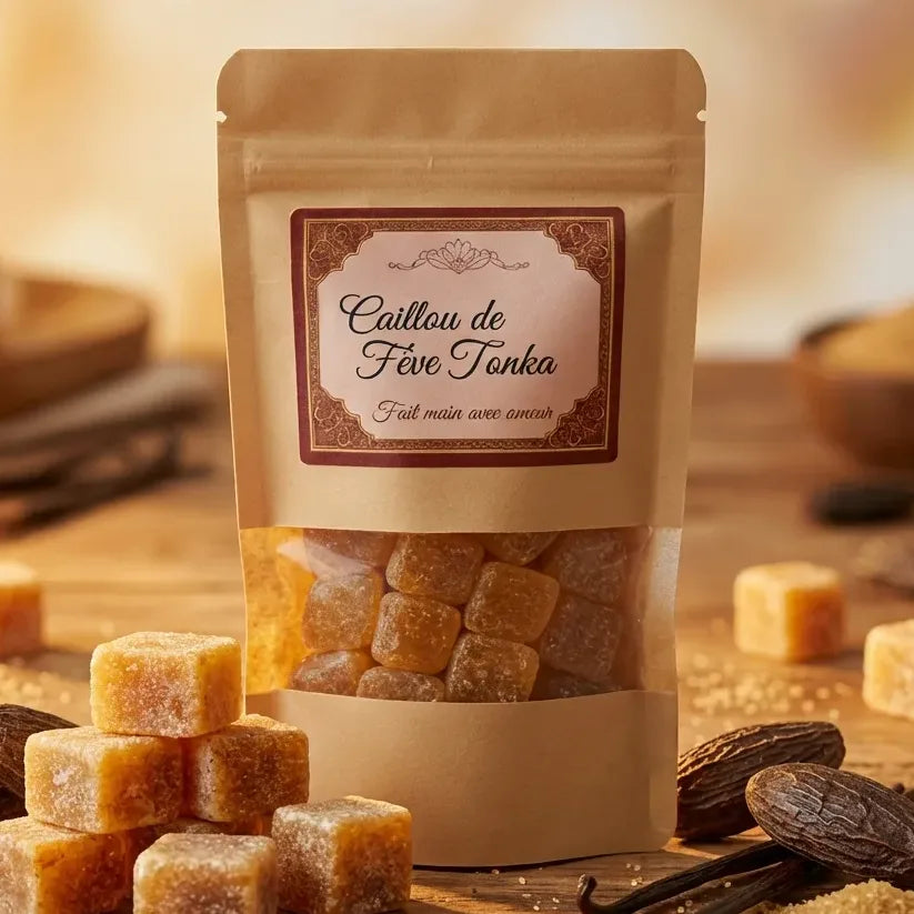 Carré d'ambre Fève de Tonka dans son emballage kraft sur fond en bois avec vanille et sucre