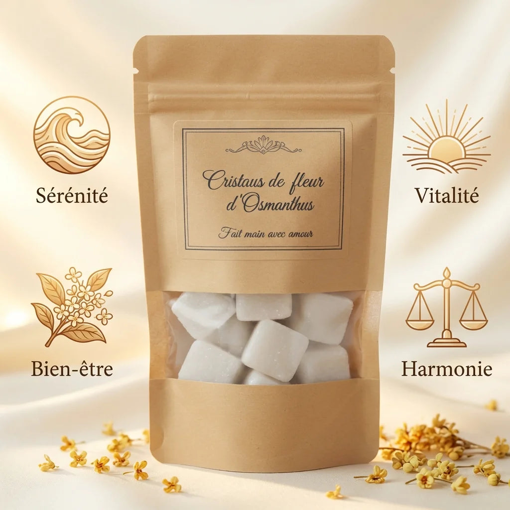 Carré d'ambre Fleur d'Osmanthus avec infographie des bénéfices : sérénité, vitalité, bien-être, harmonie