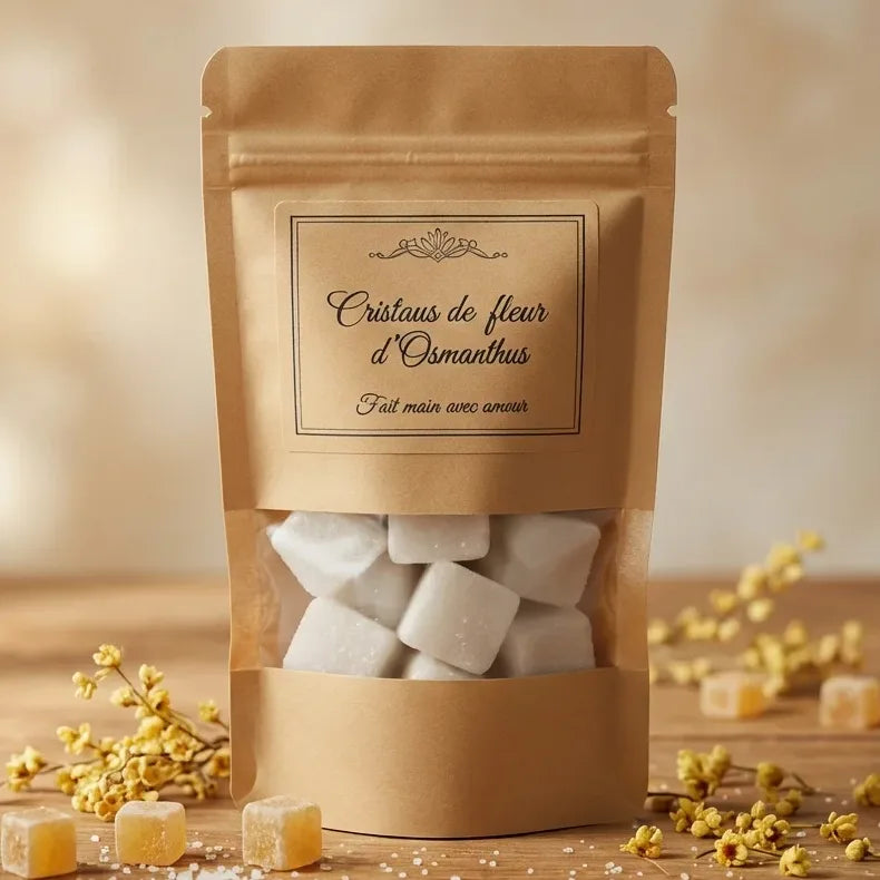 Carré d'ambre Fleur d'Osmanthus dans son emballage kraft, entouré de fleurs séchées