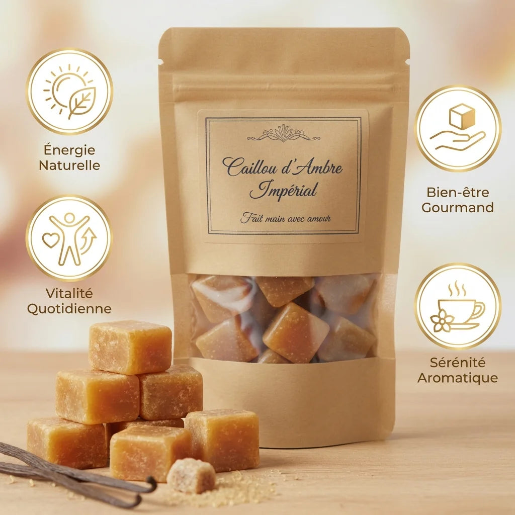 Carré d'Ambre Impérial bonbons artisanaux avec packaging et icônes de bénéfices santé