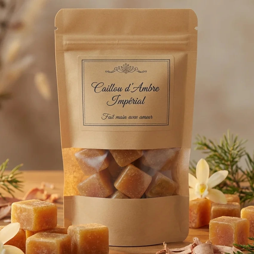Carré d'Ambre Impérial en résine artisanale sur emballage kraft et bois chaud