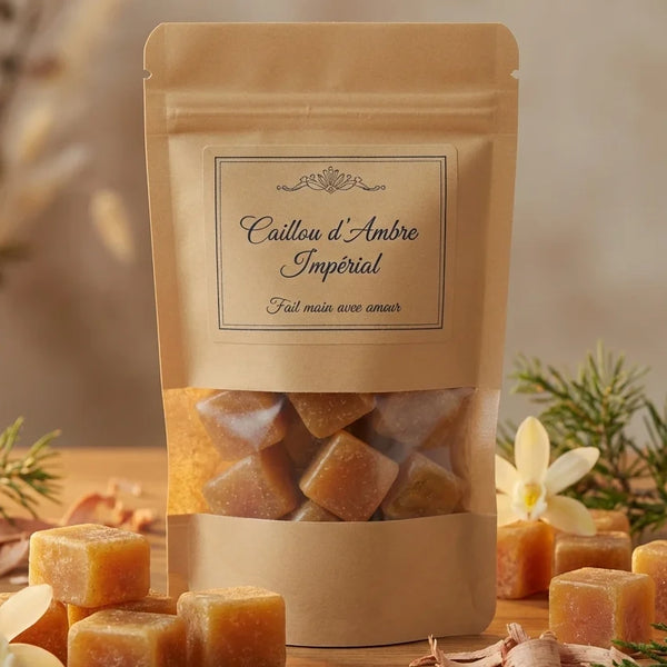 Carré d'Ambre Impérial en résine artisanale sur emballage kraft et bois chaud