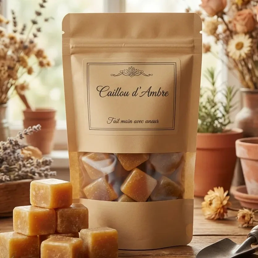 Savon artisanal Carré d'Ambre sur bois avec fleurs séchées du jardin vintage