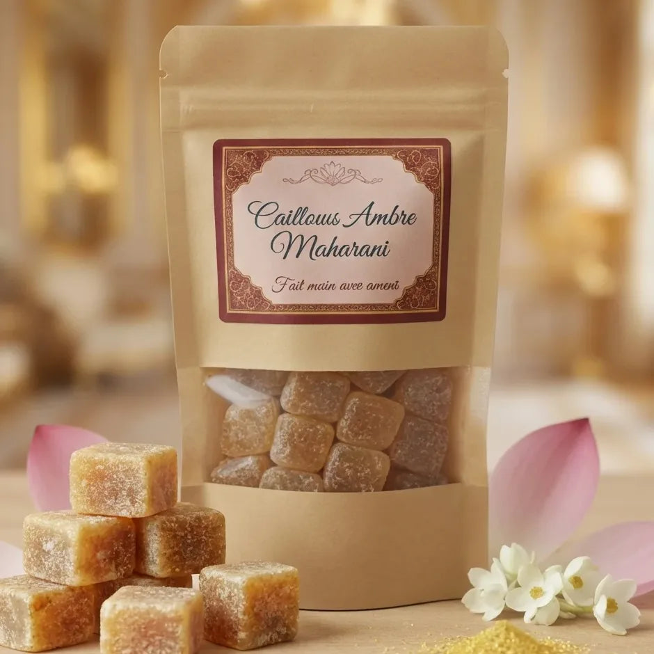 Carré d'ambre Maharani en sachet kraft avec fleurs blanches et pétales roses