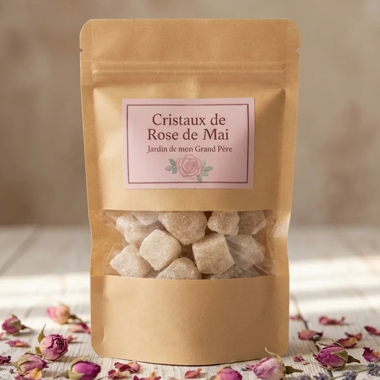 Cristaux de Rose de Mai en sachet kraft avec pétales de rose et lavande séchée