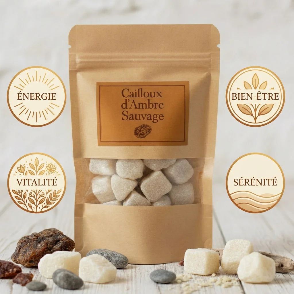 Carré d'Ambre Sauvage avec cubes sucre, bénéfices énergie bien-être vitalité sérénité jardin grand-père