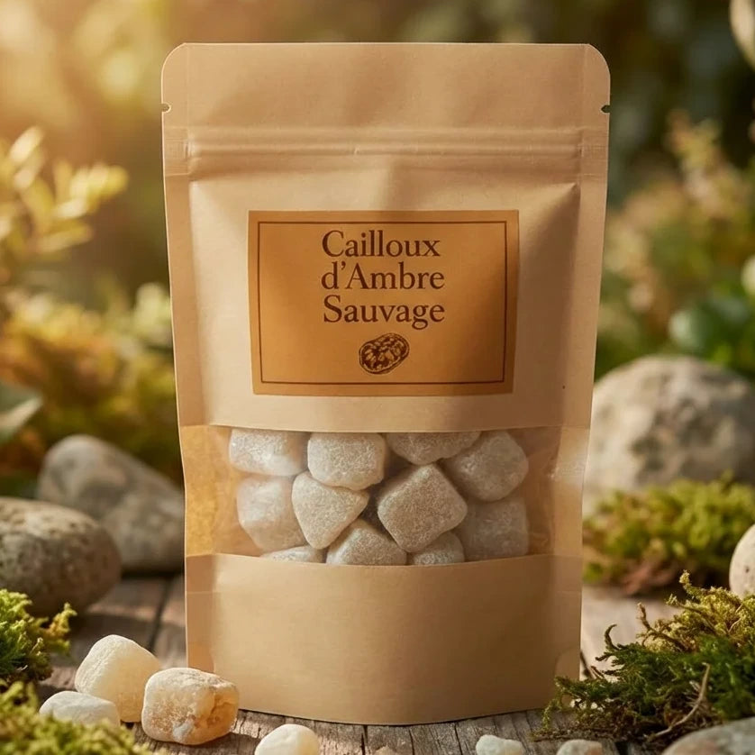 Carré d'Ambre Sauvage dans un jardin vintage avec galets et mousse