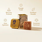 Carré d'Ambre Solide Jamid 30g Hemani avec infographie des 5 bénéfaits bien-être