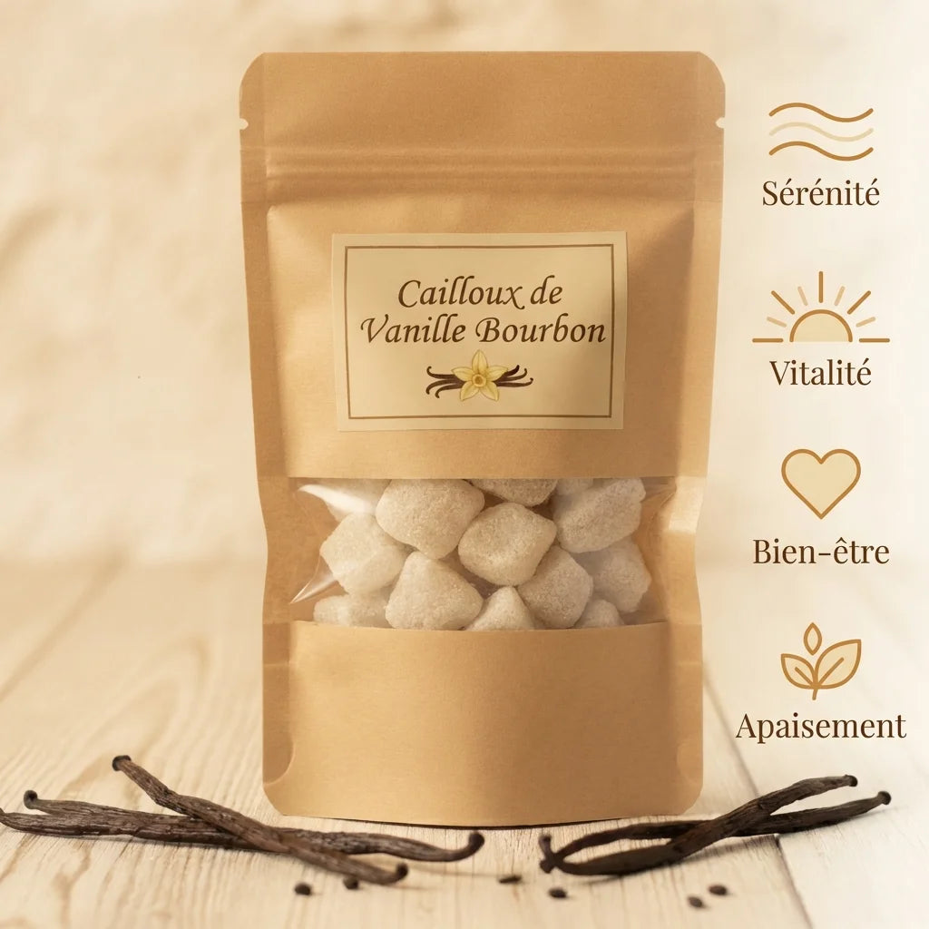 Carré d'ambre Vanille Bourbon avec grains de vanille et bénéfices bien-être en infographie