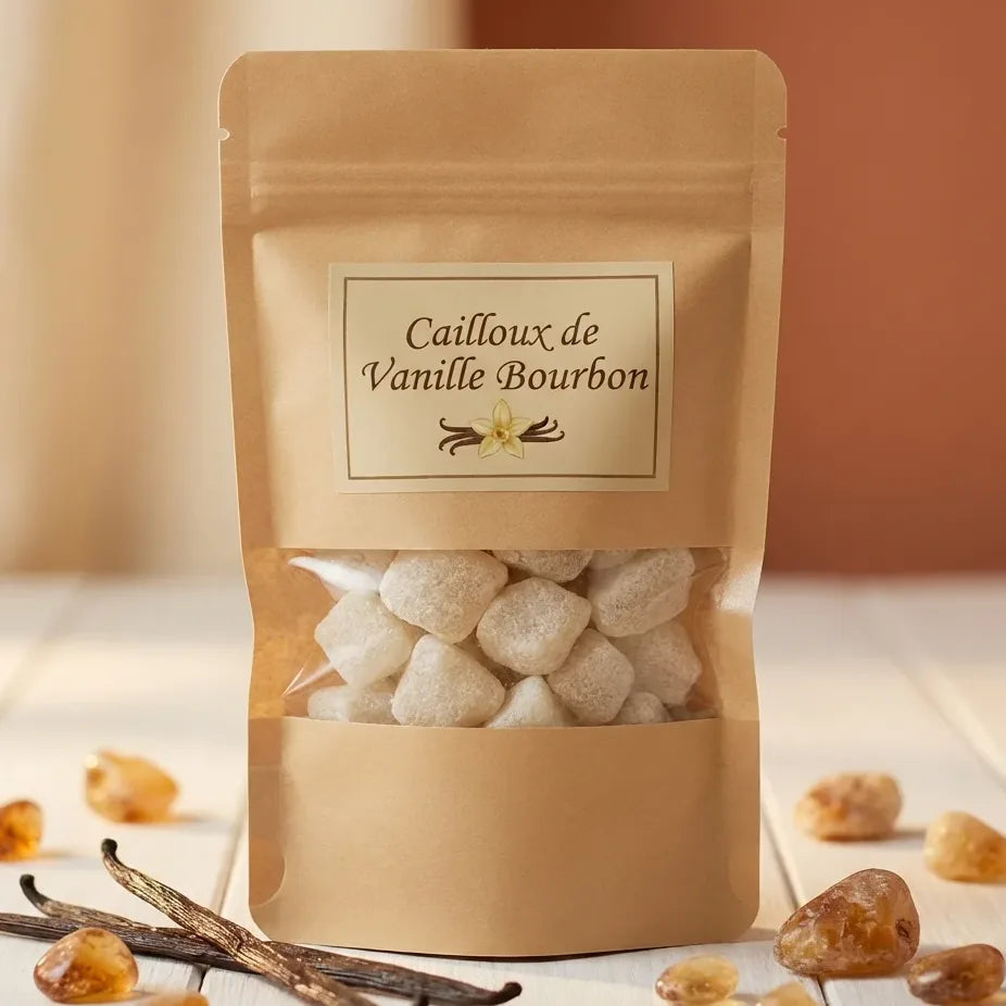 Carré d'ambre Vanille Bourbon dans sa pochette kraft avec fèves de vanille fraîches et pierres ambrées