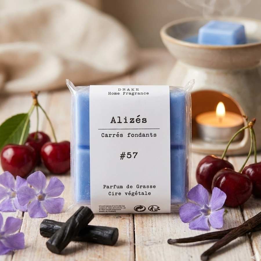 Un paquet de quatre carrés fondants Drake à la senteur Alizés devant un brule parfum
