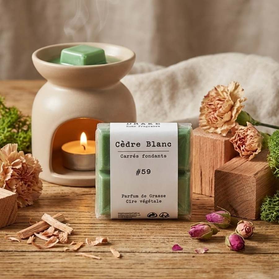 Un paquet de quatre carrés fondants Drake à la senteur Cèdre Blanc posé sur une table en bois foncée