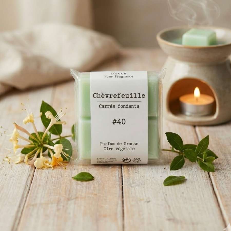 Un paquet de quatre carrés fondants Drake à la senteur Chèvrefeuille avec des feuilles de chèvrefeuille autour