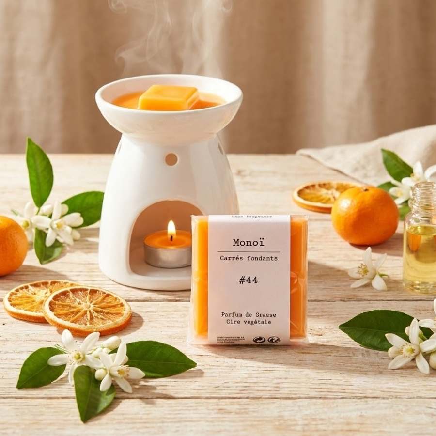 Un paquet de quatre carrés fondants Drake à la senteur Monoï posé sur une table en bois