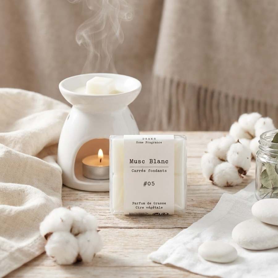 Un paquet de quatre carrés fondants Drake à la senteur Musc Blanc devant un brule parfum en céramique blanc