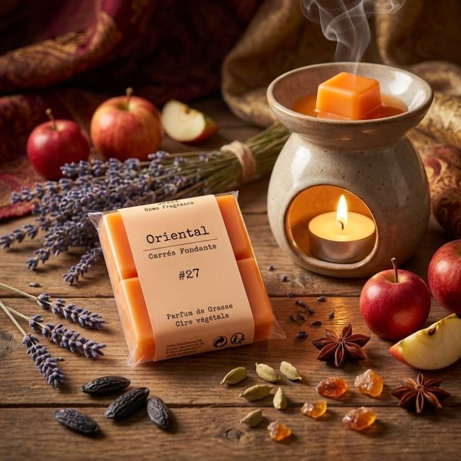 Un paquet de quatre carrés fondants Drake à la senteur Ambre Orientale devant un brule parfum