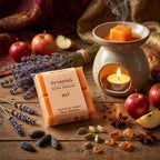 Un paquet de quatre carrés fondants Drake à la senteur Ambre Orientale à côté d'un brule parfum