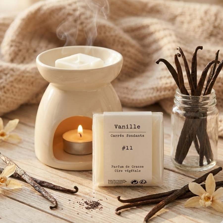 Un paquet de quatre carrés fondants Drake à la senteur Vanille devant des gousse de vanilles