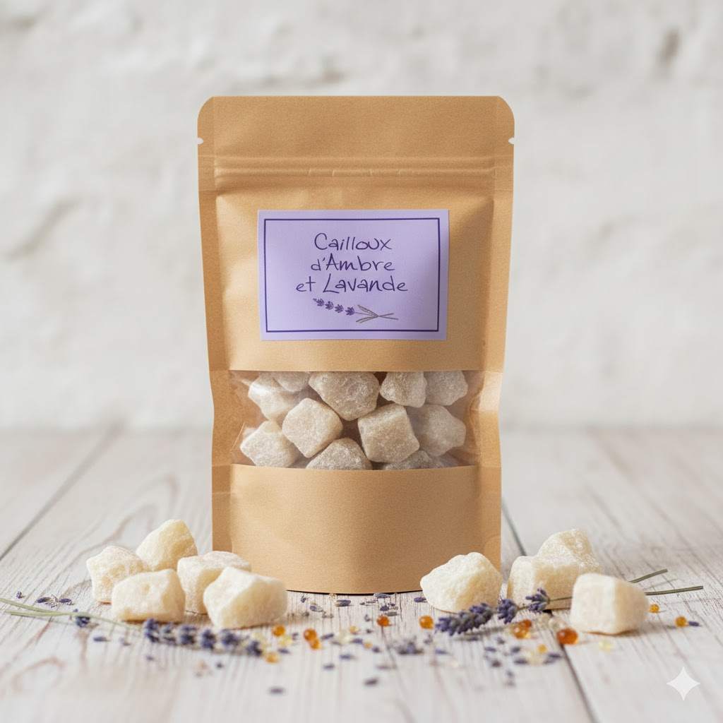 Un sachet kraft de 200 grammes de carrés Ambre Et Lavande, de Jardin de mon Grand Père