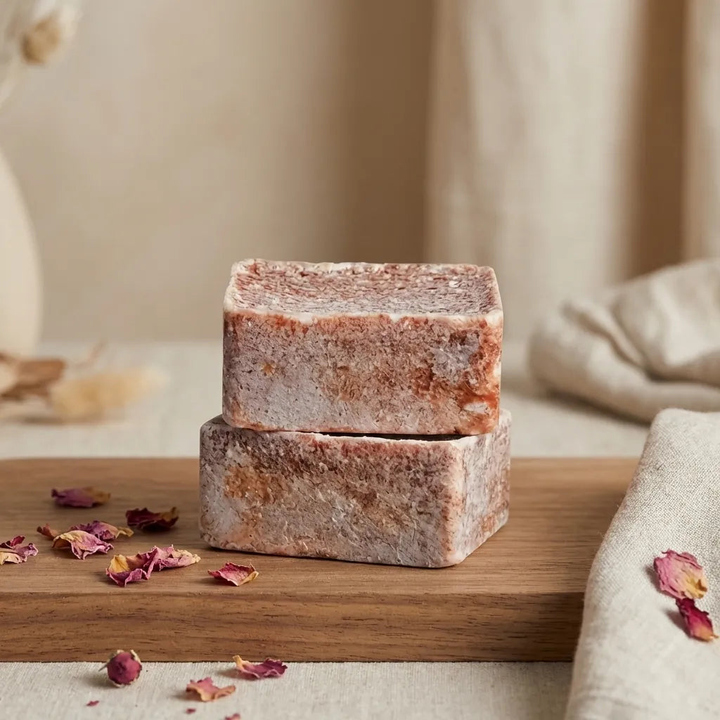 Carrés d'Ambre ByBazz - diffuseur artisanal sur surface bois avec pétales de rose