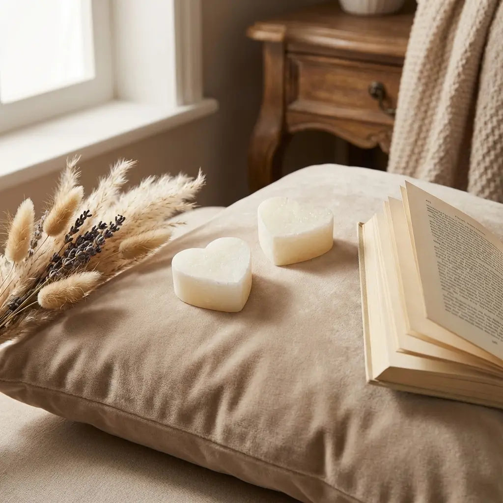 Carrés d'ambre cachemire cœur ByBazz, fondants parfumés blanc crème sur coussin velours