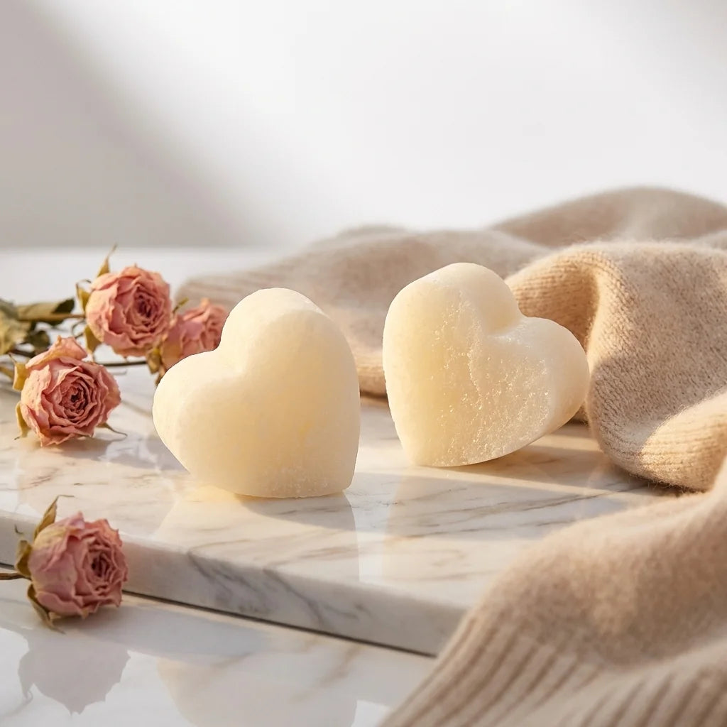 Carrés d'Ambre Cachemire en forme de cœur ByBazz sur marbre avec roses séchées