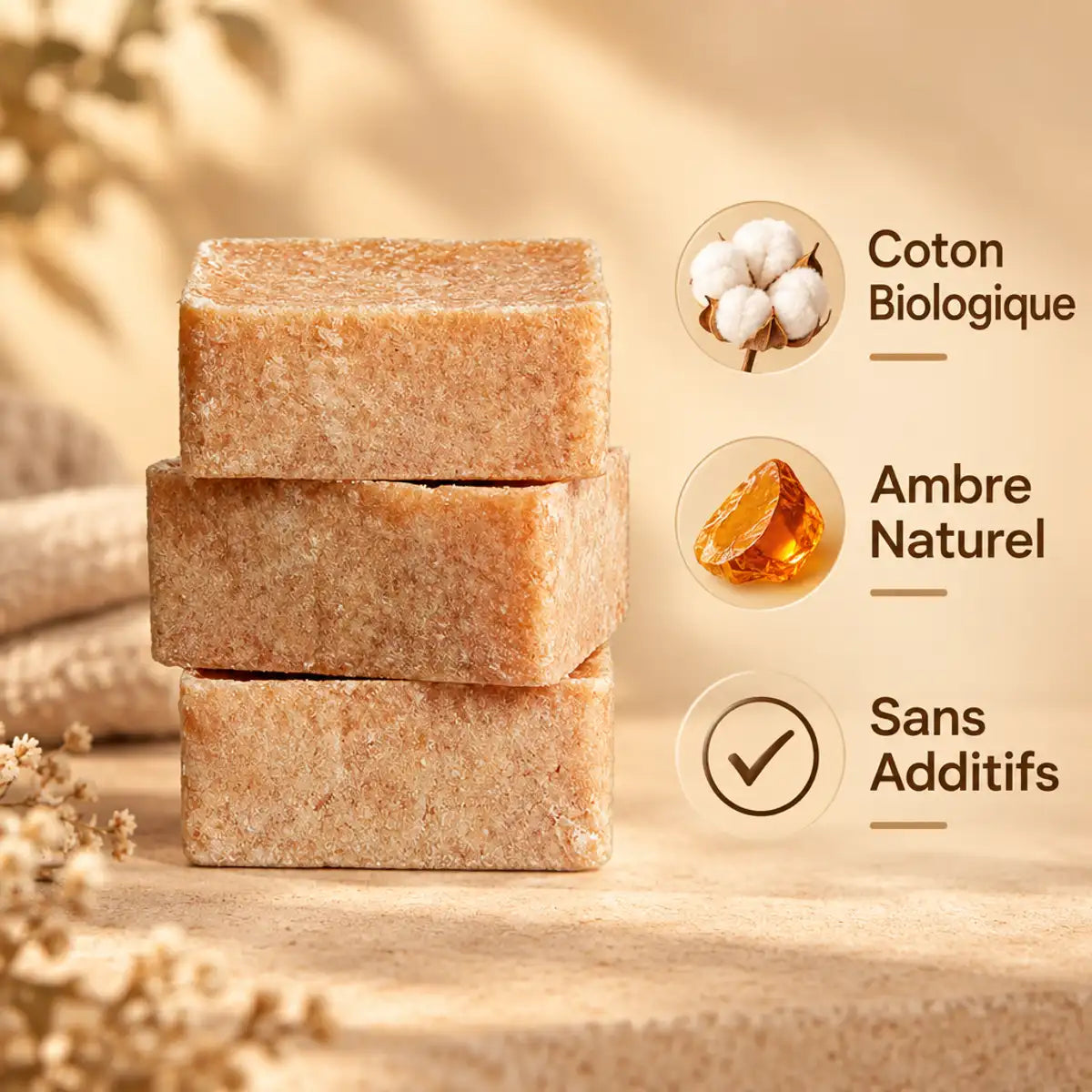Carrés d'Ambre Coton ByBazz 50g - coton biologique et ambre naturel sans additifs