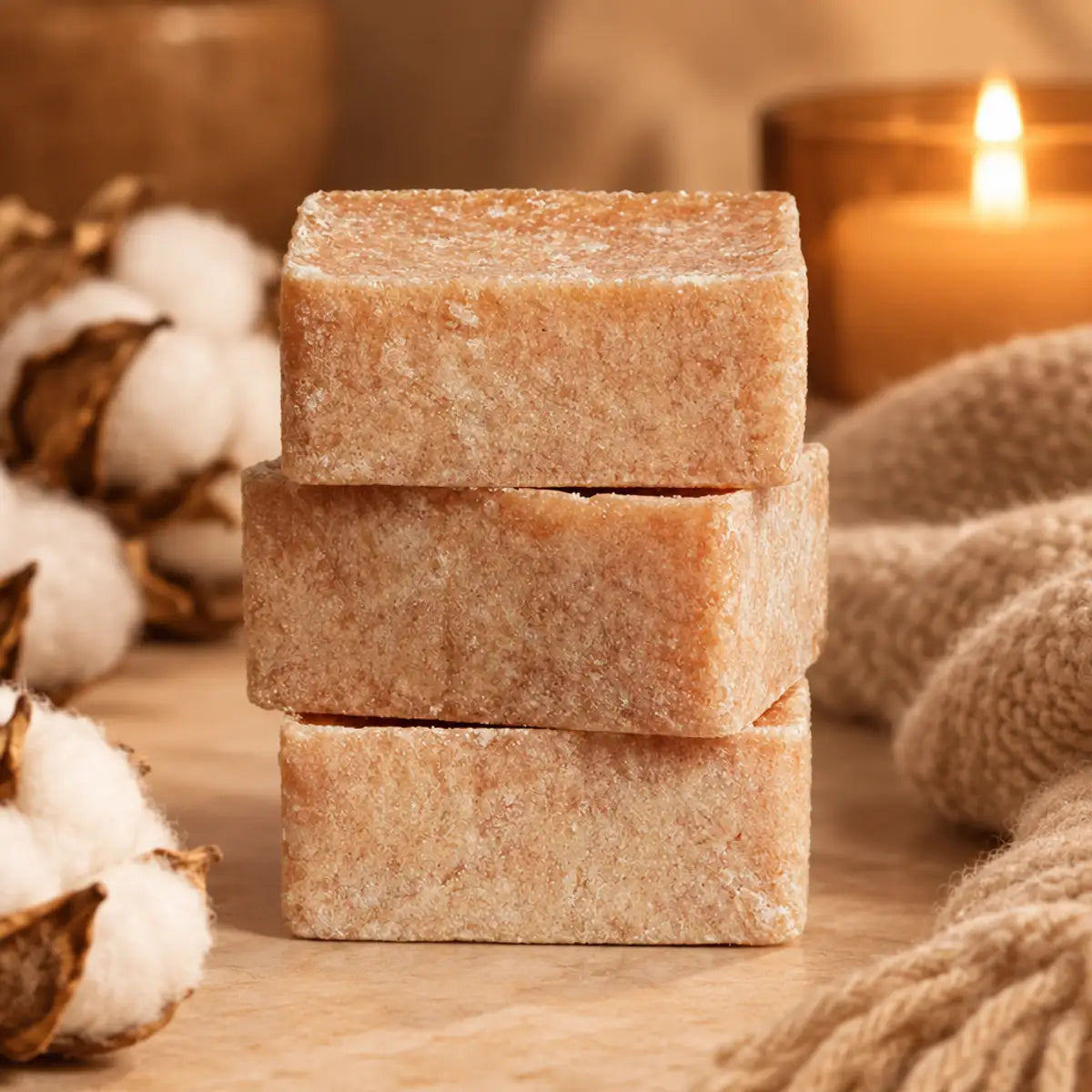 Carrés d'Ambre Coton Fondants ByBazz 50g sur fond chaleureux avec textiles et ambiance cocooning