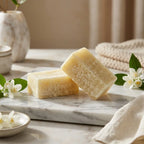 Carrés d'ambre jasmin ByBazz 50g sur marbre blanc, bougies parfumées luxe