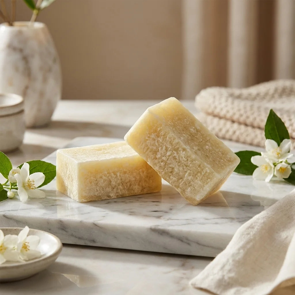 Carrés d'ambre jasmin ByBazz 50g sur marbre blanc, bougies parfumées luxe