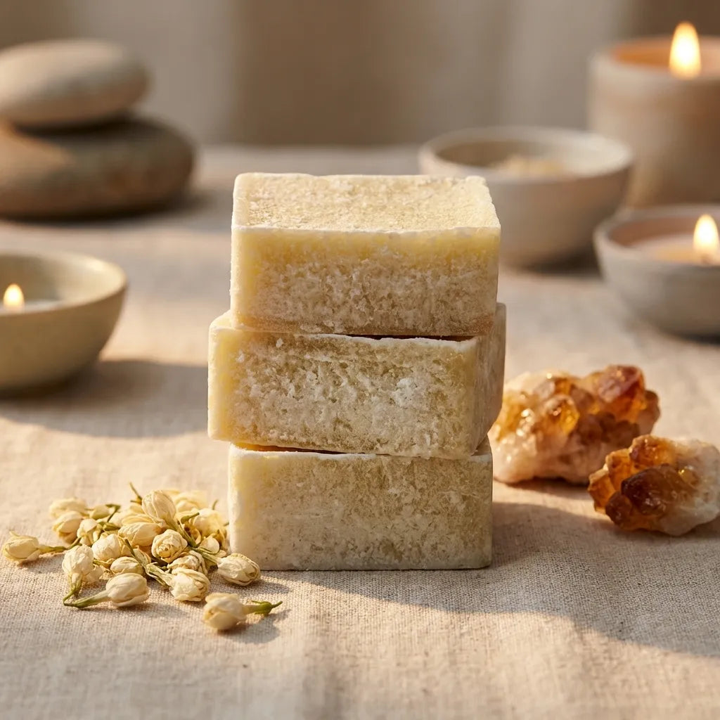 Carrés d'ambre jasmin ByBazz 50g empilés sur lin avec fleurs séchées