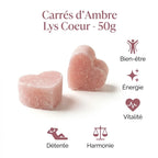 Carrés d'Ambre Lys Coeur ByBazz 50g avec icônes bien-être, énergie et détente
