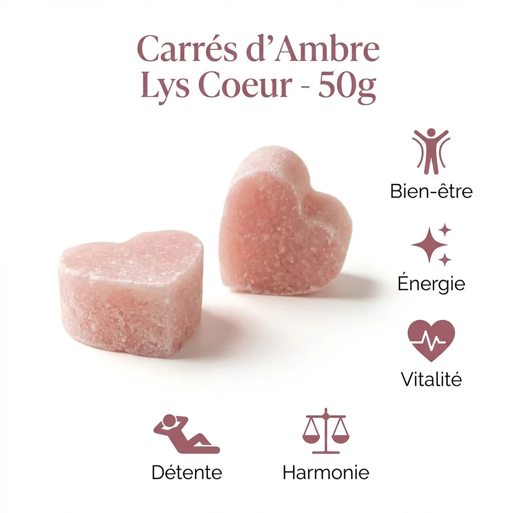 Carrés d'Ambre Lys Coeur ByBazz 50g avec icônes bien-être, énergie et détente