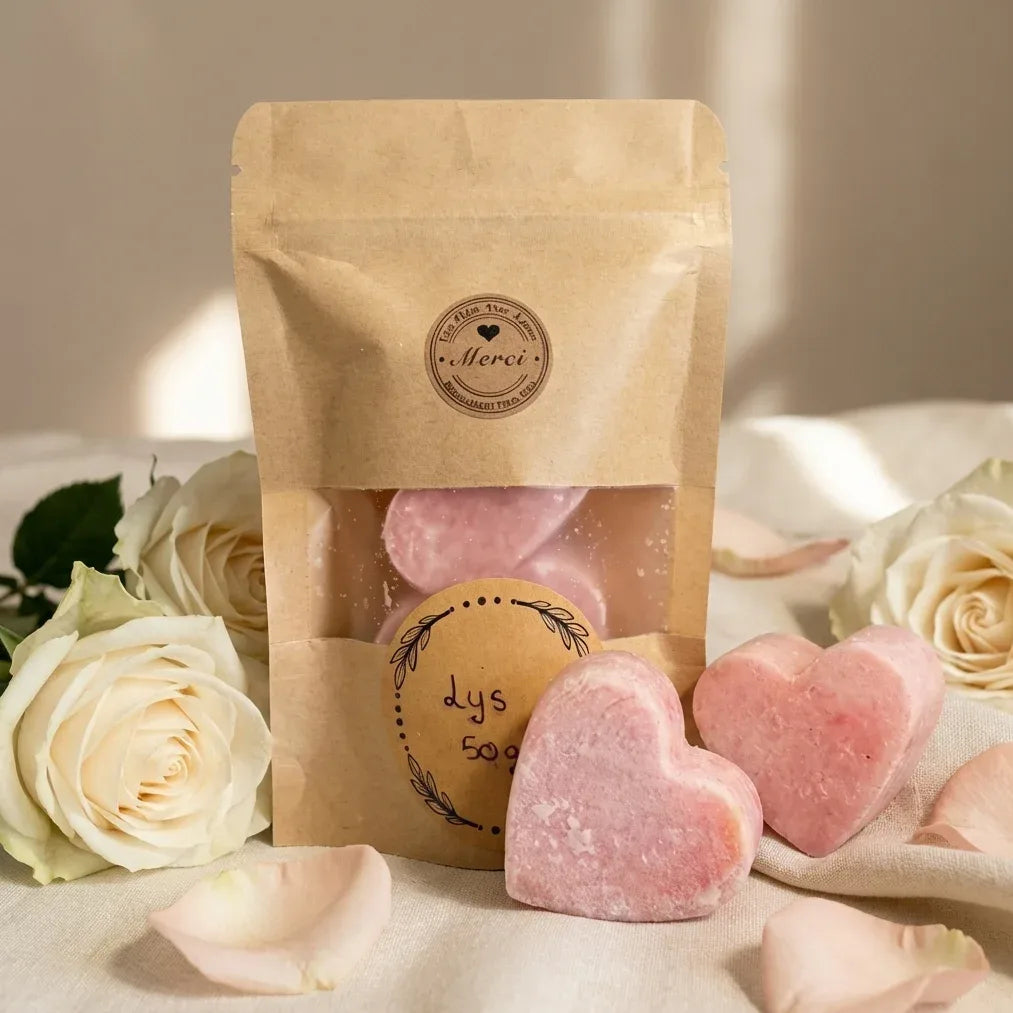 Carrés d'Ambre Lys Coeur ByBazz roses blanches emballage kraft 50g